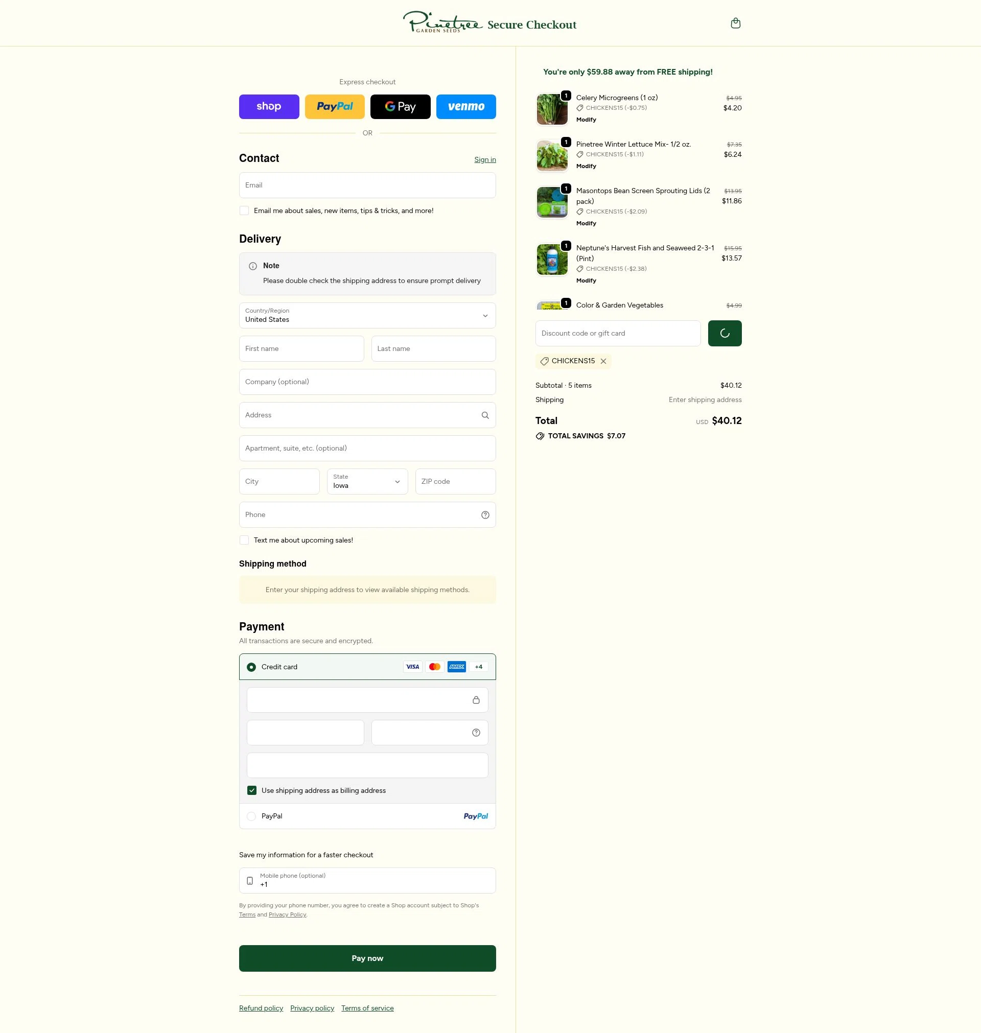 Pinetree Garden Seeds checkout page showing Pinetree Garden Seeds promo code box | Screenshot taken by SimplyCodes community member on Feb 1, 2026