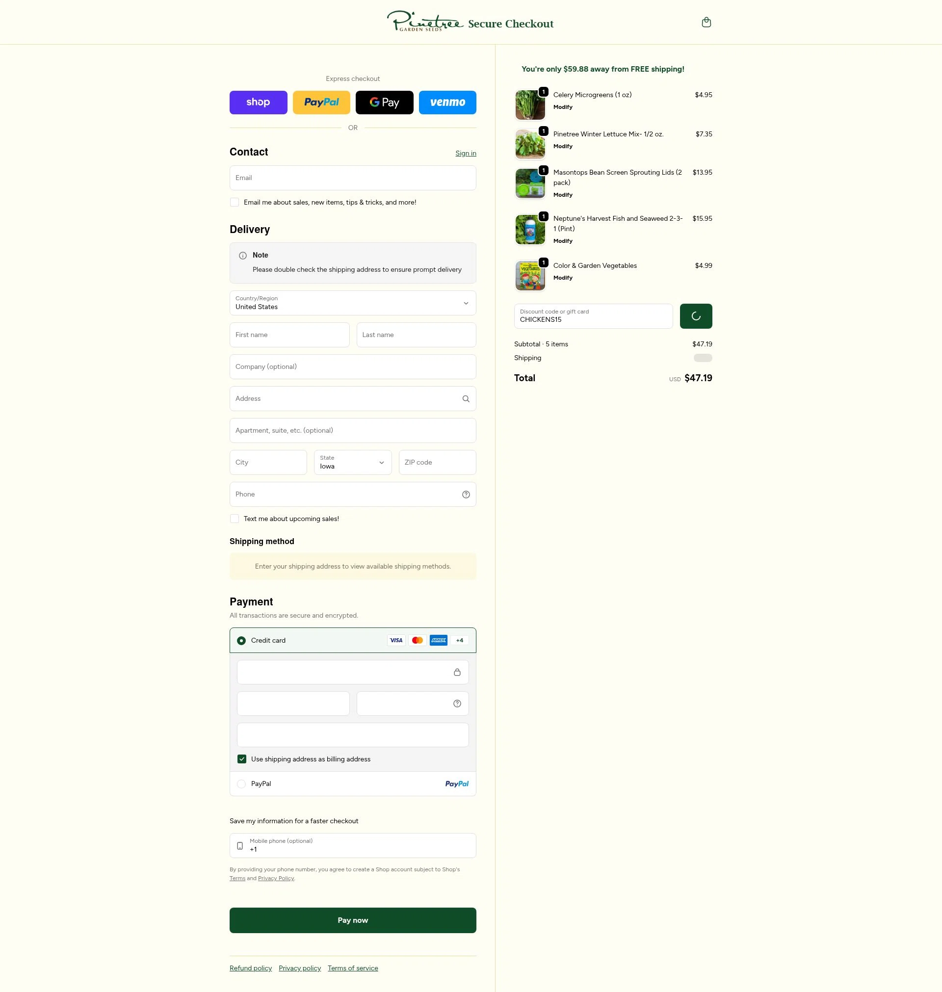 Pinetree Garden Seeds checkout page showing Pinetree Garden Seeds promo code box | Screenshot taken by SimplyCodes community member on Feb 5, 2026