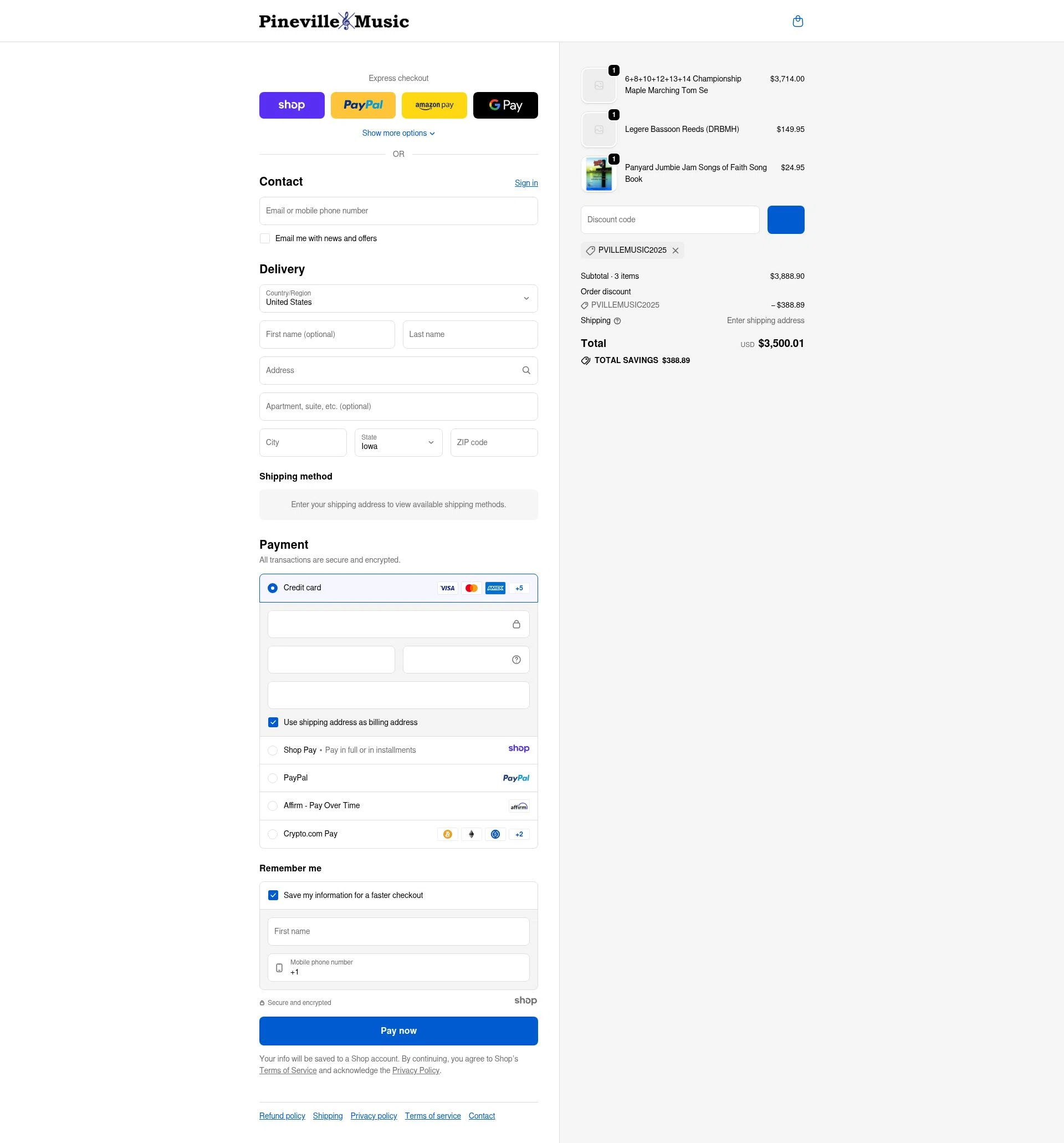 Pineville Music checkout page showing Pineville Music promo code box | Screenshot taken by SimplyCodes community member on Dec 30, 2025