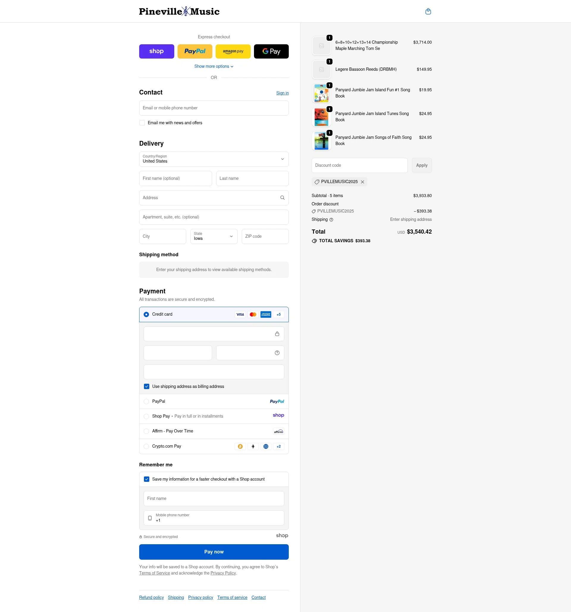 Pineville Music checkout page showing Pineville Music promo code box | Screenshot taken by SimplyCodes community member on Dec 7, 2025