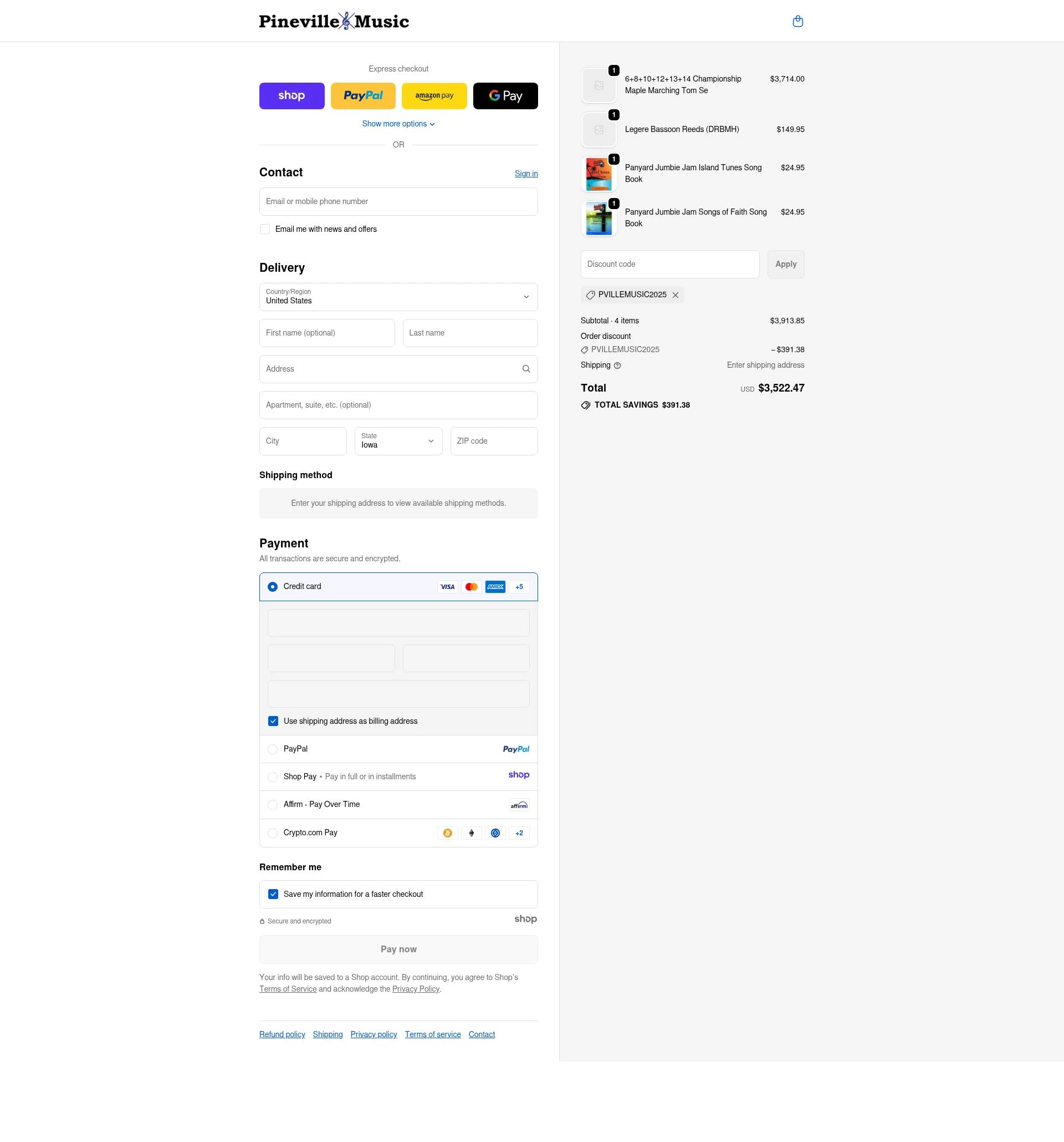 Pineville Music checkout page showing Pineville Music promo code box | Screenshot taken by SimplyCodes community member on Dec 13, 2025