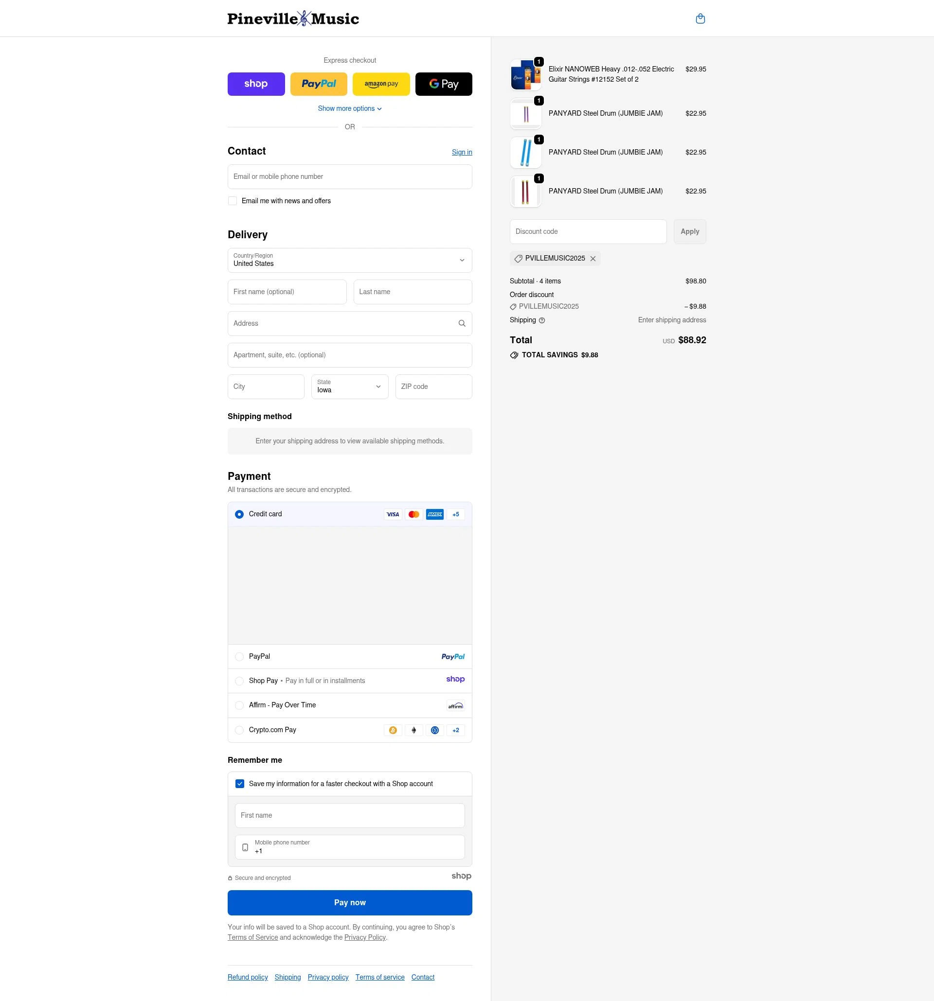 Pineville Music checkout page showing Pineville Music promo code box | Screenshot taken by SimplyCodes community member on Nov 27, 2025