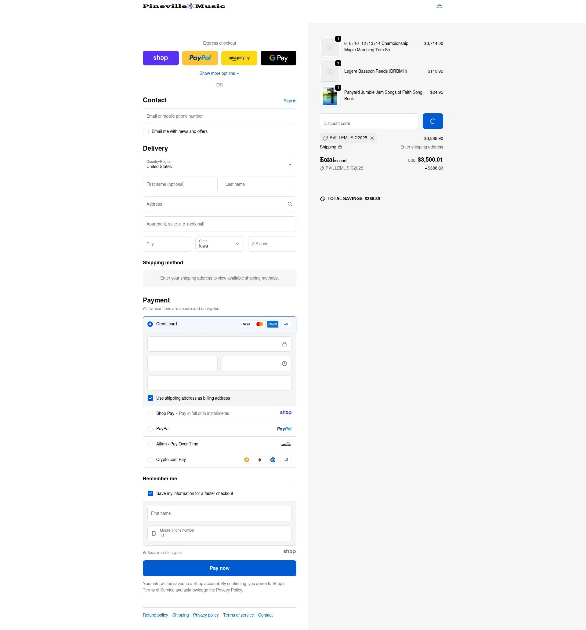 Pineville Music checkout page showing Pineville Music promo code box | Screenshot taken by SimplyCodes community member on Dec 25, 2025
