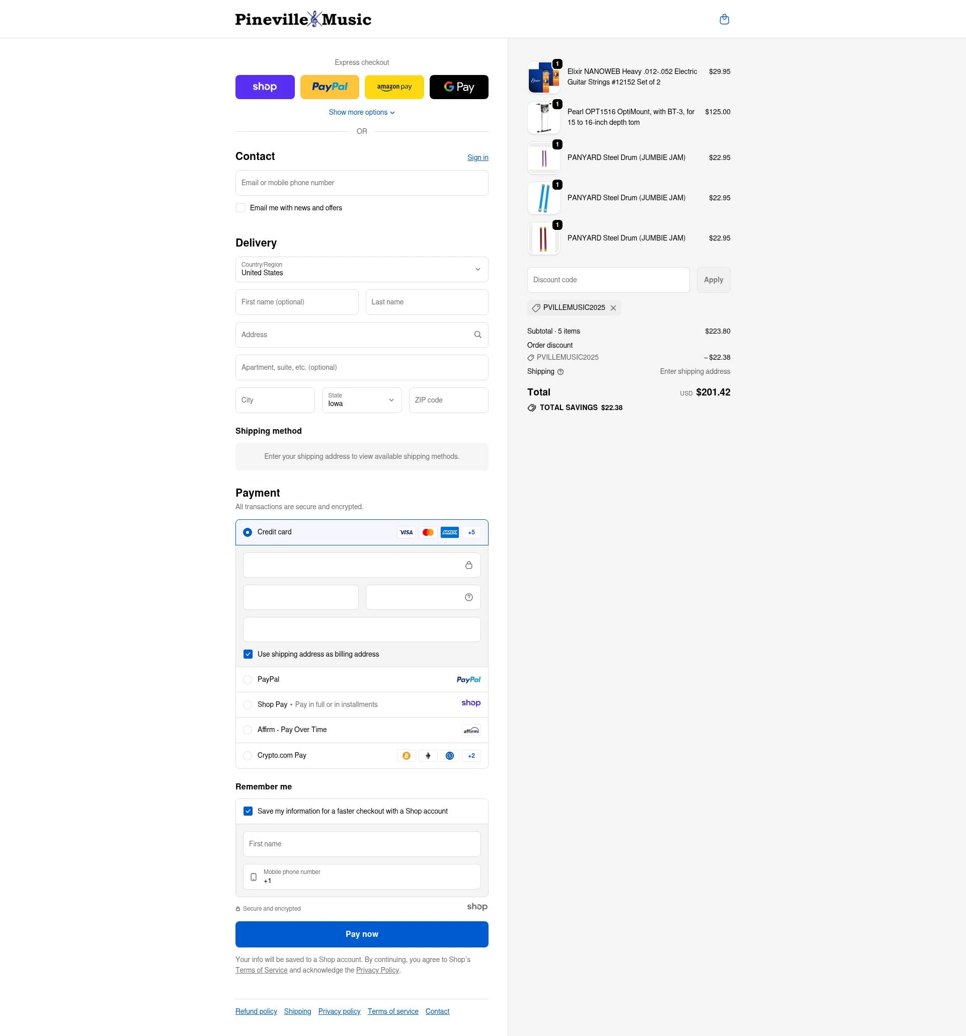 Pineville Music checkout page showing Pineville Music promo code box | Screenshot taken by SimplyCodes community member on Nov 22, 2025