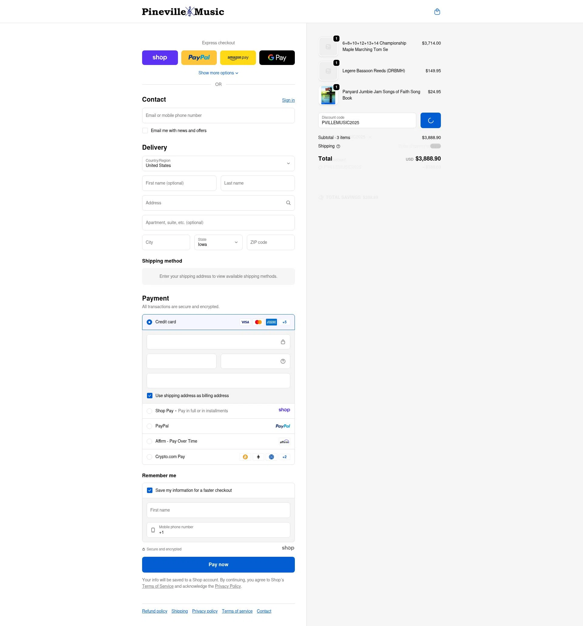 Pineville Music checkout page showing Pineville Music promo code box | Screenshot taken by SimplyCodes community member on Dec 20, 2025