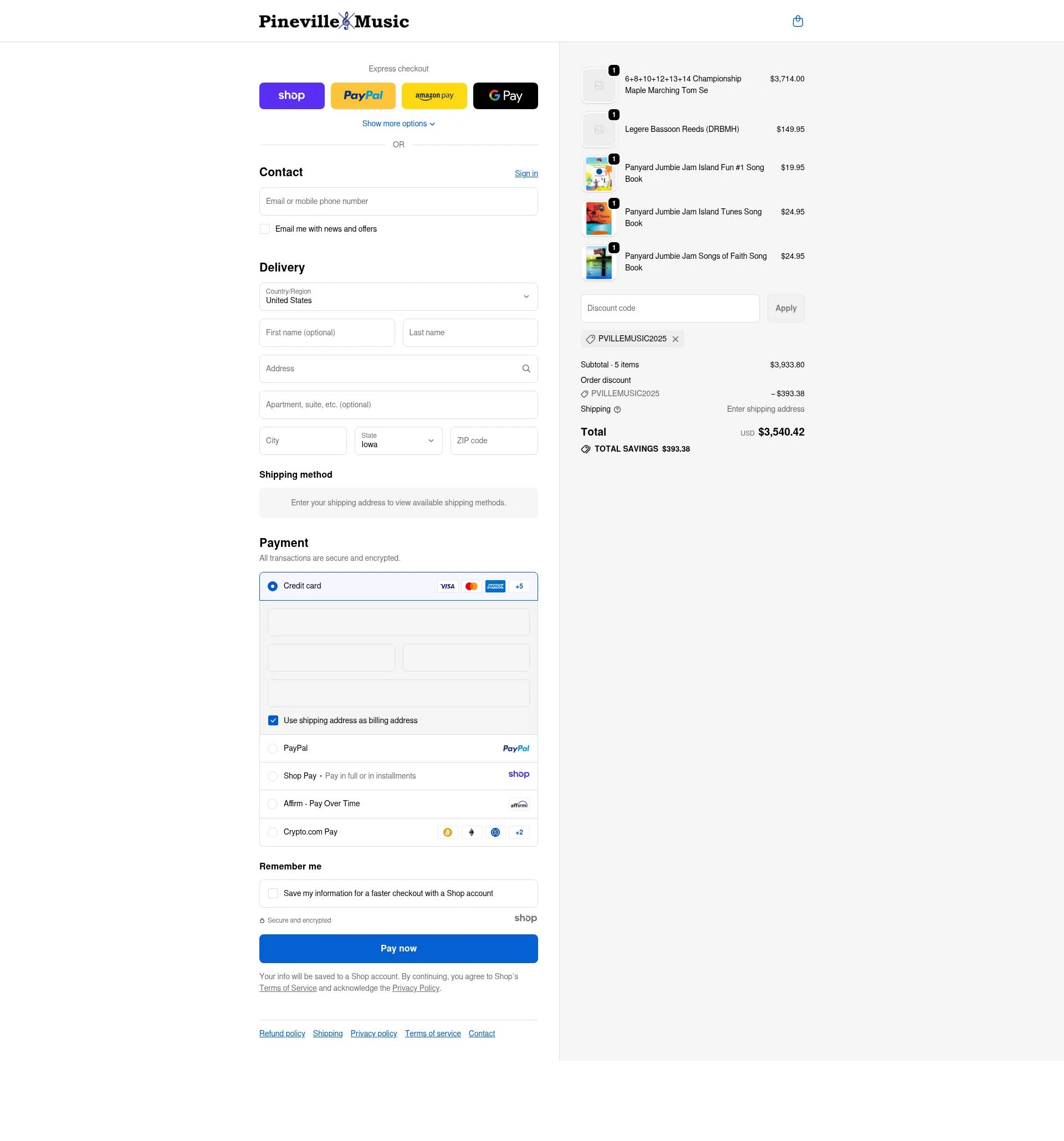 Pineville Music checkout page showing Pineville Music promo code box | Screenshot taken by SimplyCodes community member on Dec 7, 2025