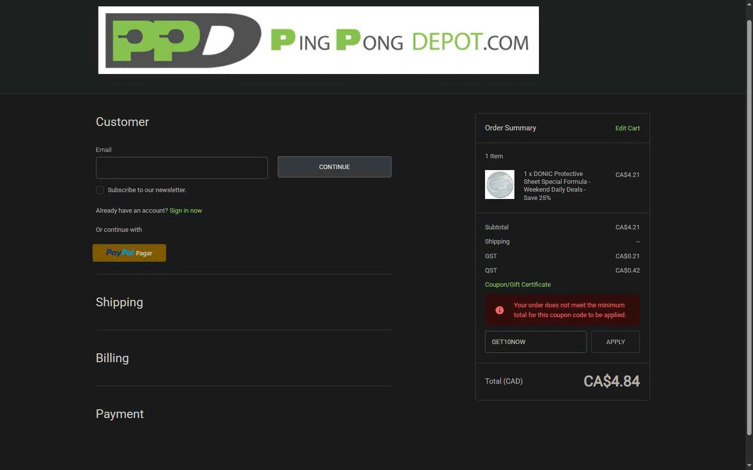 PingPongDepot.com checkout page showing PingPongDepot.com promo code box | Screenshot taken by SimplyCodes community member on Apr 28, 2025