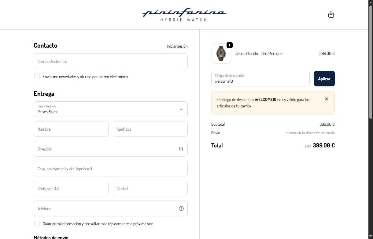 Pininfarina Hybrid Smartwatch checkout page showing Pininfarina Hybrid Smartwatch promo code box | Screenshot taken by SimplyCodes community member on Oct 10, 2025