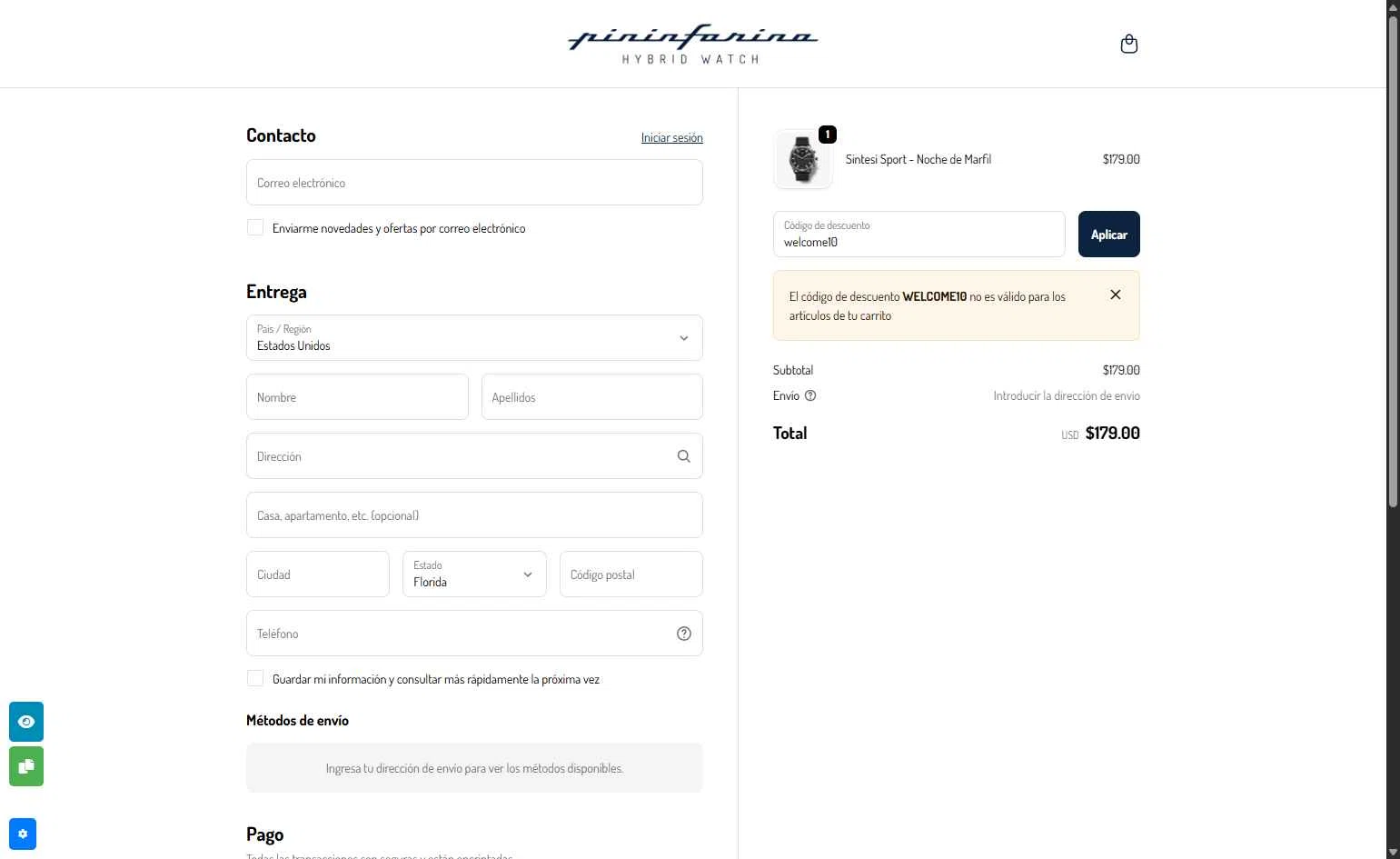Pininfarina Hybrid Smartwatch checkout page showing Pininfarina Hybrid Smartwatch promo code box | Screenshot taken by SimplyCodes community member on Dec 7, 2025