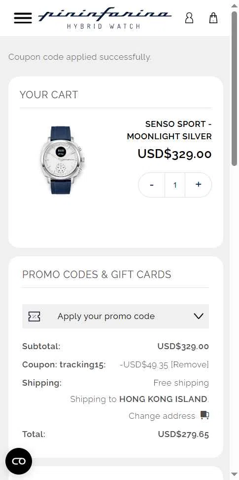 Pininfarina Hybrid Smartwatch checkout page showing Pininfarina Hybrid Smartwatch promo code box | Screenshot taken by SimplyCodes community member on Jun 11, 2025