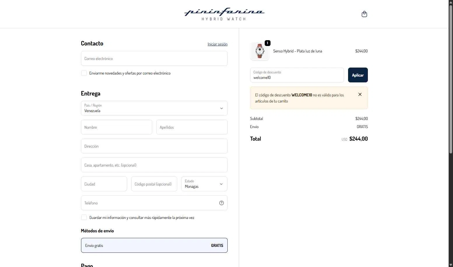 Pininfarina Hybrid Smartwatch checkout page showing Pininfarina Hybrid Smartwatch promo code box | Screenshot taken by SimplyCodes community member on Nov 8, 2025