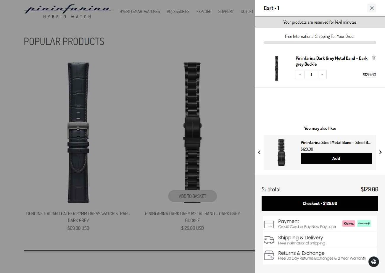 Pininfarina Hybrid Smartwatch checkout page showing Pininfarina Hybrid Smartwatch promo code box | Screenshot taken by SimplyCodes community member on Aug 1, 2025