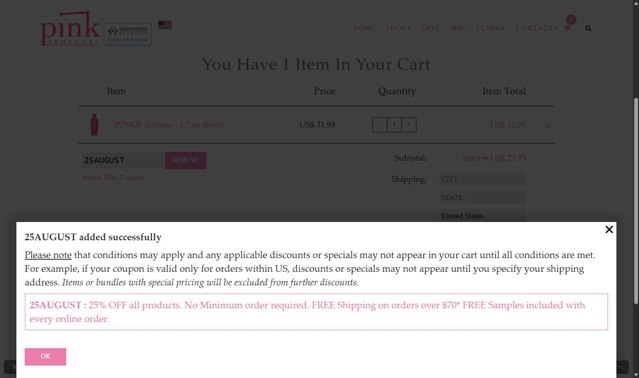 Pink checkout page showing Pink coupon code box | Screenshot taken by SimplyCodes community member on Aug 29, 2025