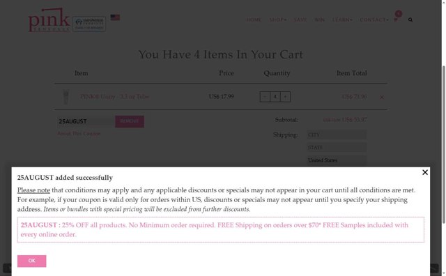 Pink checkout page showing Pink coupon code box | Screenshot taken by SimplyCodes community member on Sep 1, 2025