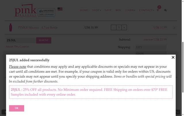 Pink checkout page showing Pink coupon code box | Screenshot taken by SimplyCodes community member on Aug 12, 2025