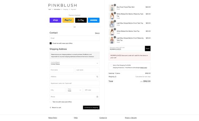 PinkBlush Maternity checkout page showing PinkBlush Maternity coupon code box | Screenshot taken by SimplyCodes community member on Sep 14, 2025