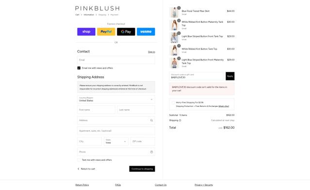 PinkBlush Maternity checkout page showing PinkBlush Maternity coupon code box | Screenshot taken by SimplyCodes community member on Sep 14, 2025