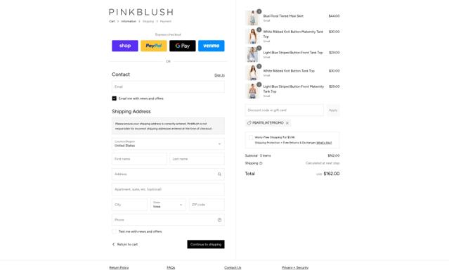 PinkBlush Maternity checkout page showing PinkBlush Maternity coupon code box | Screenshot taken by SimplyCodes community member on Sep 14, 2025