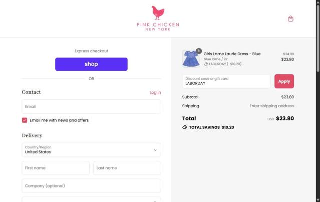 Pink Chicken checkout page showing Pink Chicken promo code box | Screenshot taken by SimplyCodes community member on Sep 2, 2025