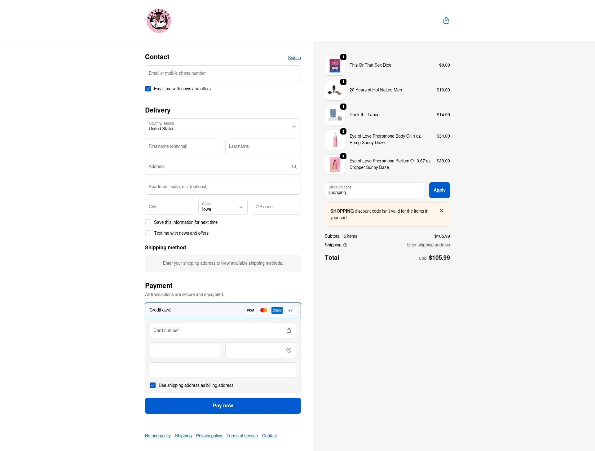 Pinkfoxxx checkout page showing Pinkfoxxx promo code box | Screenshot taken by SimplyCodes community member on Dec 11, 2025