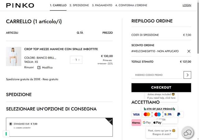 Pinko checkout page showing Pinko promo code box | Screenshot taken by SimplyCodes community member on Jul 5, 2025