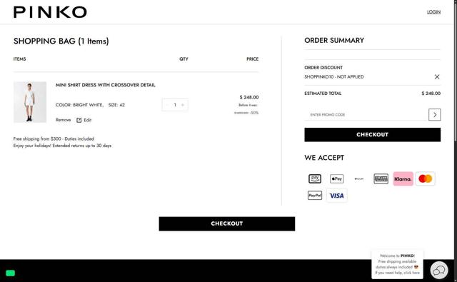 Pinko checkout page showing Pinko promo code box | Screenshot taken by SimplyCodes community member on Jul 21, 2025