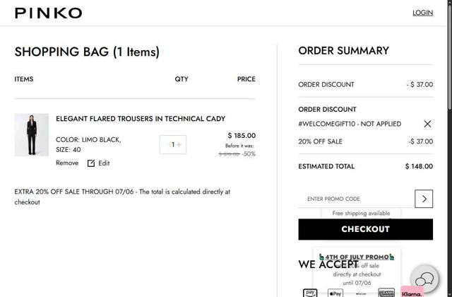Pinko checkout page showing Pinko promo code box | Screenshot taken by SimplyCodes community member on Jul 5, 2025