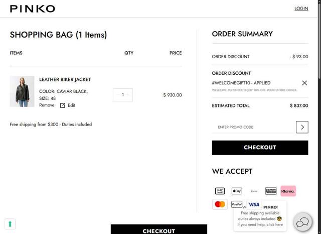 Pinko checkout page showing Pinko promo code box | Screenshot taken by SimplyCodes community member on Sep 7, 2025