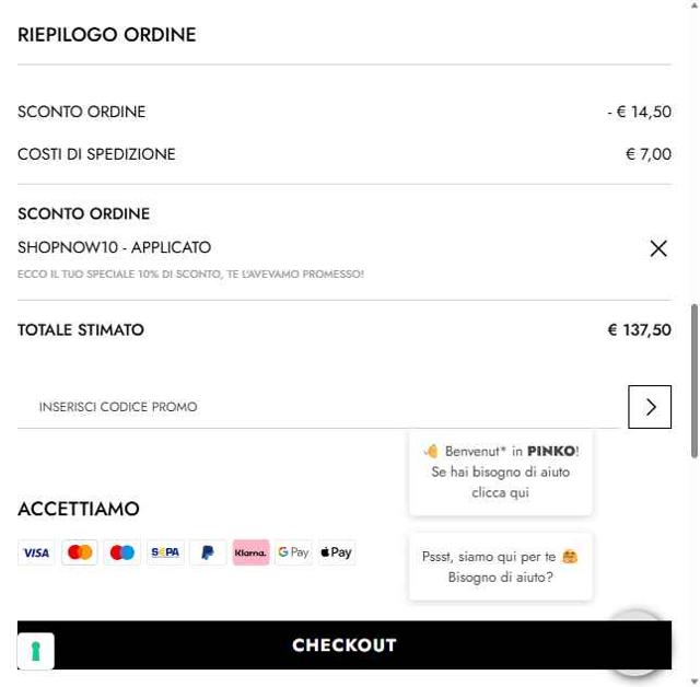 Pinko checkout page showing Pinko promo code box | Screenshot taken by SimplyCodes community member on Aug 28, 2025