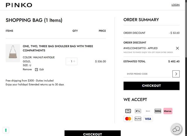 Pinko checkout page showing Pinko promo code box | Screenshot taken by SimplyCodes community member on Aug 28, 2025