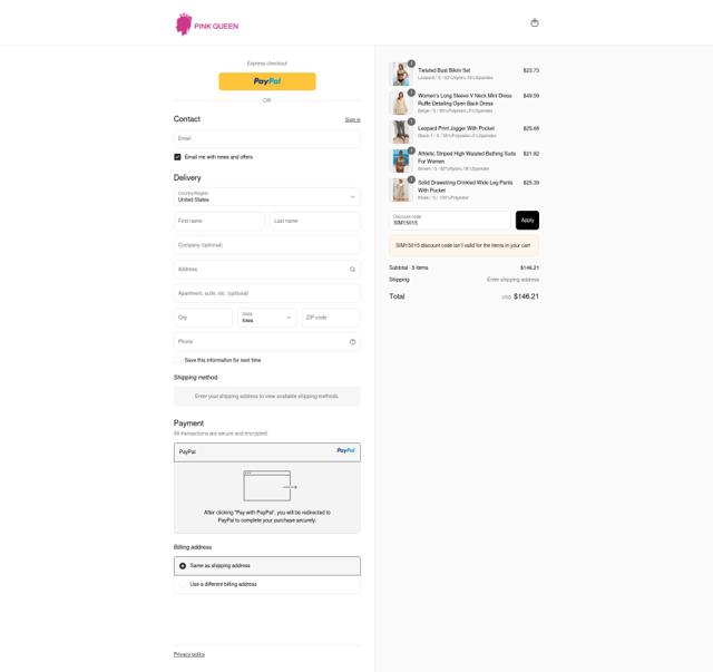 Pink Queen checkout page showing Pink Queen promo code box | Screenshot taken by SimplyCodes community member on Sep 10, 2025