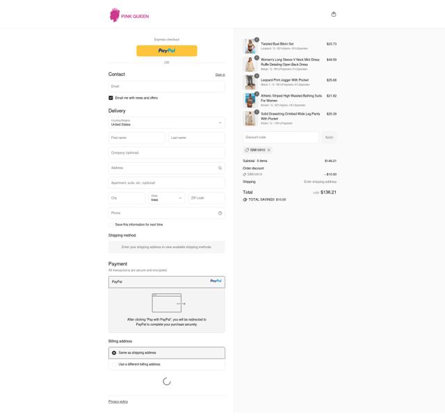 Pink Queen checkout page showing Pink Queen promo code box | Screenshot taken by SimplyCodes community member on Sep 10, 2025
