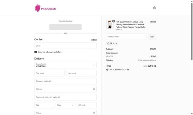 Pink Queen checkout page showing Pink Queen promo code box | Screenshot taken by SimplyCodes community member on Sep 11, 2025