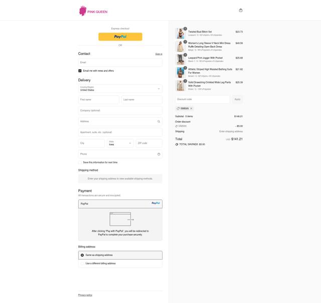 Pink Queen checkout page showing Pink Queen promo code box | Screenshot taken by SimplyCodes community member on Sep 10, 2025