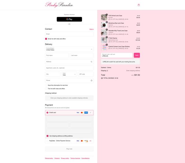 Pinky Paradise checkout page showing Pinky Paradise promo code box | Screenshot taken by SimplyCodes community member on Sep 10, 2025