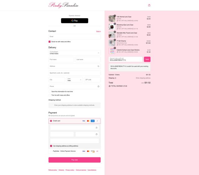 Pinky Paradise checkout page showing Pinky Paradise promo code box | Screenshot taken by SimplyCodes community member on Sep 10, 2025