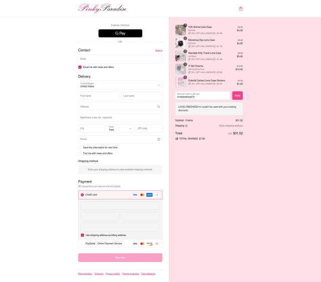 Pinky Paradise checkout page showing Pinky Paradise promo code box | Screenshot taken by SimplyCodes community member on Sep 10, 2025