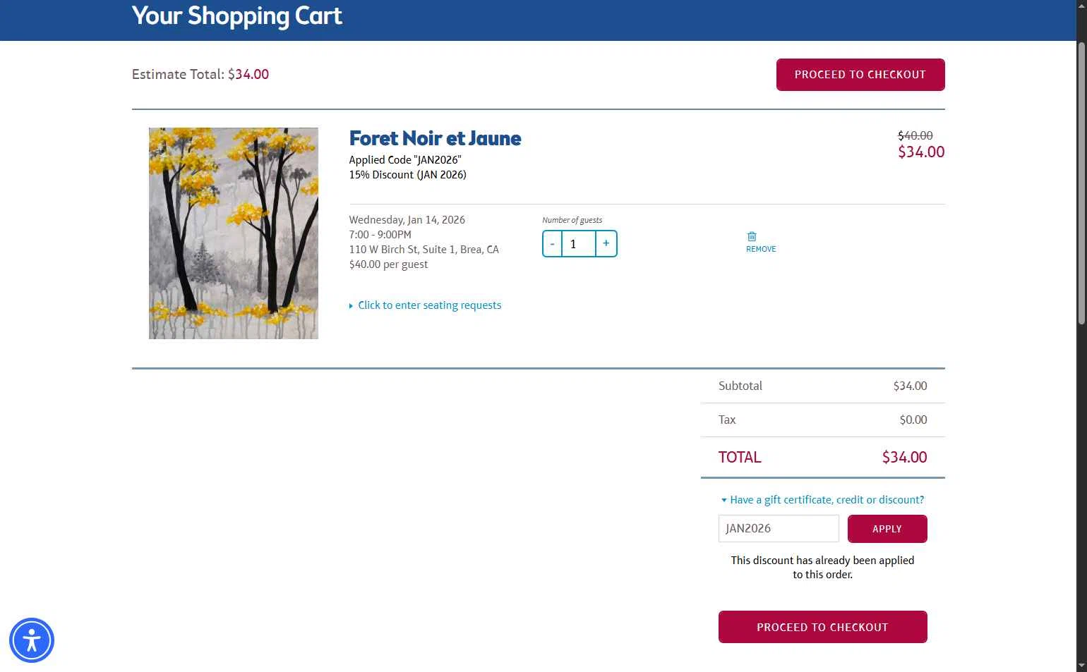 Pinot's Palette checkout page showing Pinot's Palette discount code box | Screenshot taken by SimplyCodes community member on Jan 9, 2026