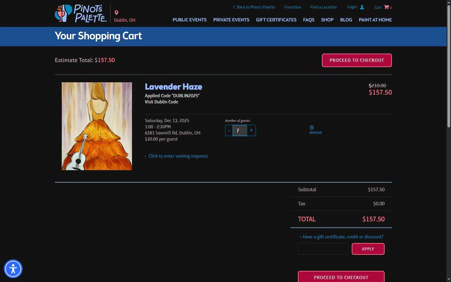 Pinot's Palette checkout page showing Pinot's Palette discount code box | Screenshot taken by SimplyCodes community member on Dec 13, 2025