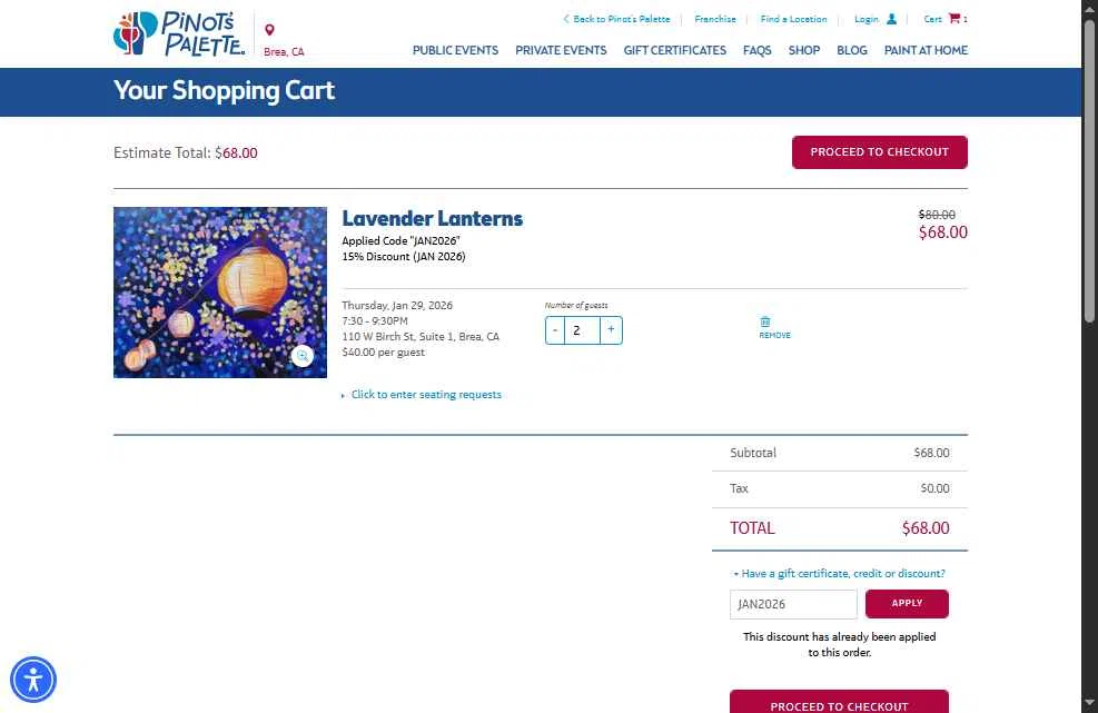 Pinot's Palette checkout page showing Pinot's Palette discount code box | Screenshot taken by SimplyCodes community member on Jan 27, 2026