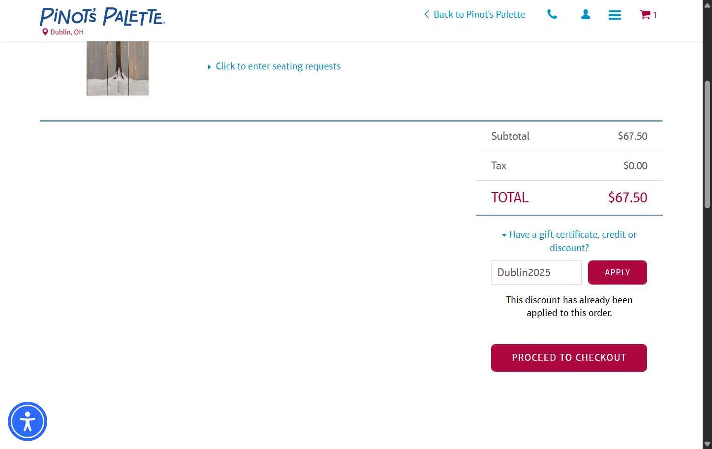 Pinot's Palette checkout page showing Pinot's Palette discount code box | Screenshot taken by SimplyCodes community member on Jan 1, 2026