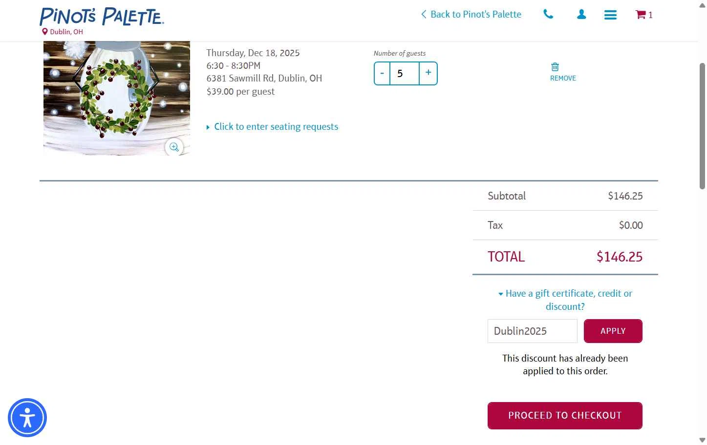 Pinot's Palette checkout page showing Pinot's Palette discount code box | Screenshot taken by SimplyCodes community member on Dec 17, 2025