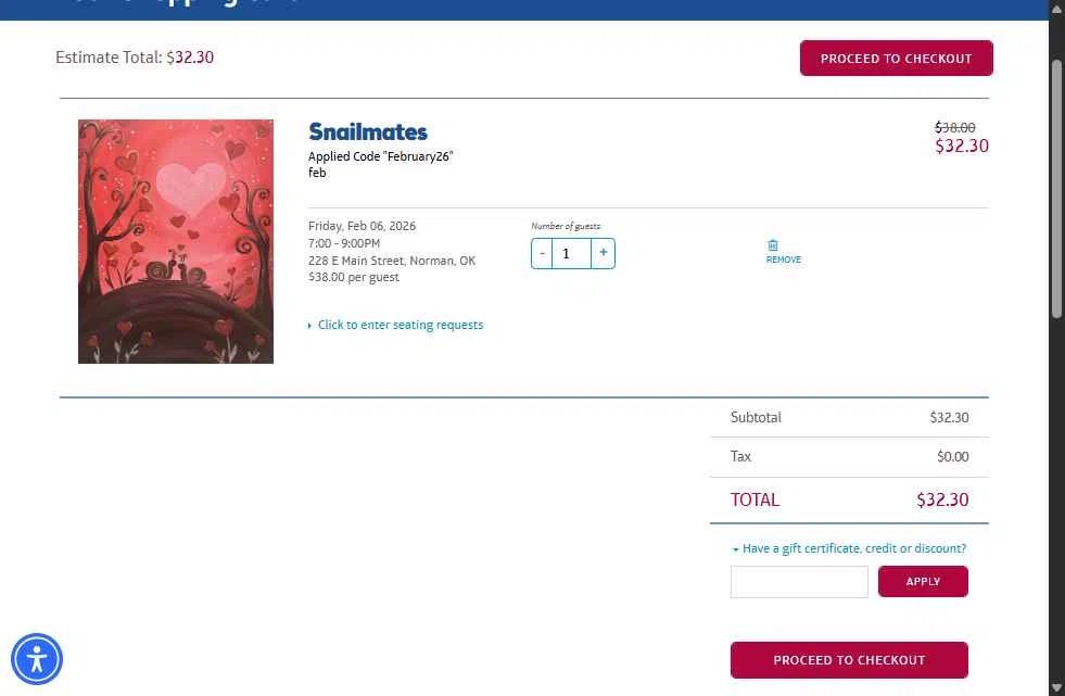 Pinot's Palette checkout page showing Pinot's Palette discount code box | Screenshot taken by SimplyCodes community member on Feb 6, 2026