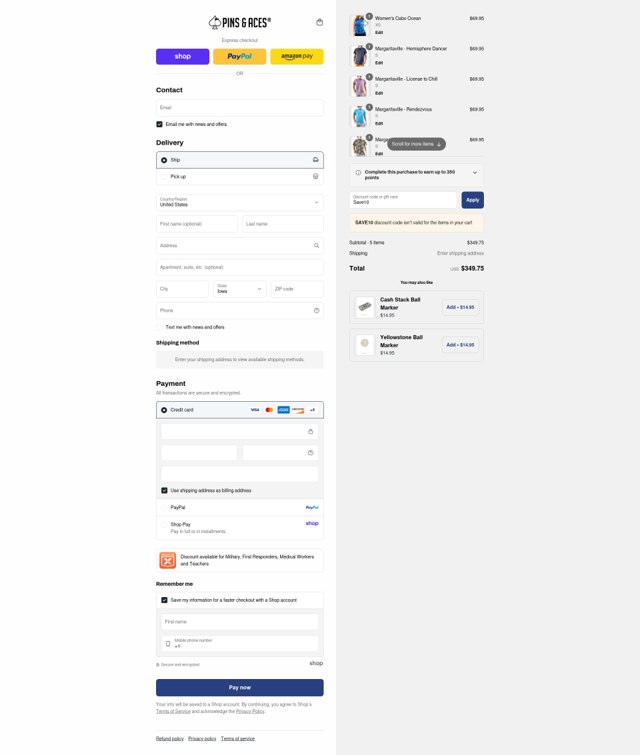 Pins and Aces checkout page showing Pins and Aces discount code box | Screenshot taken by SimplyCodes community member on Sep 4, 2025
