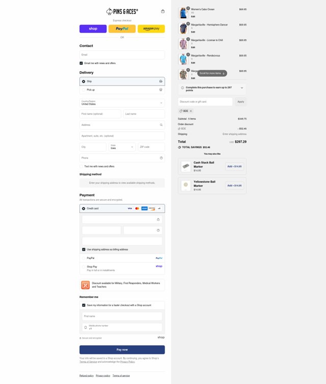 Pins and Aces checkout page showing Pins and Aces discount code box | Screenshot taken by SimplyCodes community member on Sep 4, 2025