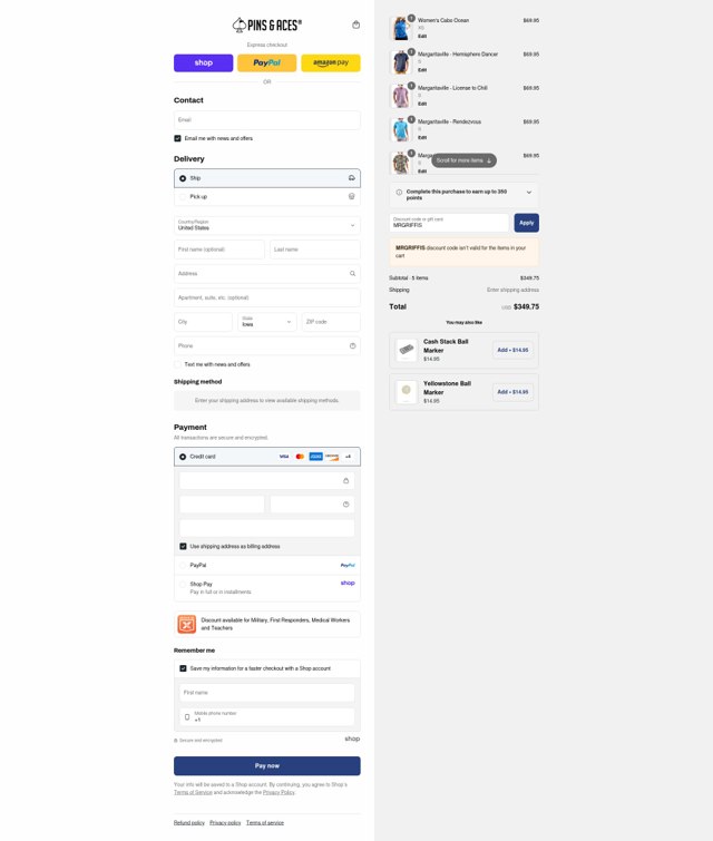 Pins and Aces checkout page showing Pins and Aces discount code box | Screenshot taken by SimplyCodes community member on Sep 4, 2025