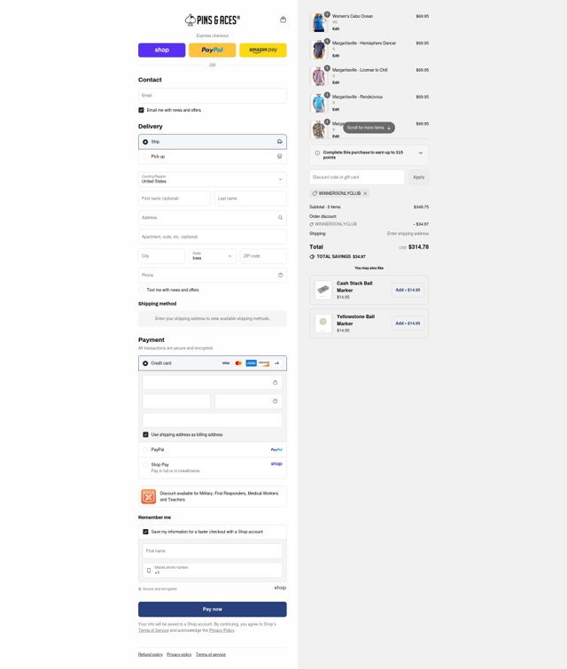 Pins and Aces checkout page showing Pins and Aces discount code box | Screenshot taken by SimplyCodes community member on Sep 4, 2025