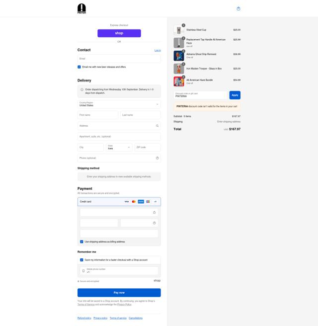 Pinter checkout page showing Pinter discount code box | Screenshot taken by SimplyCodes community member on Sep 8, 2025