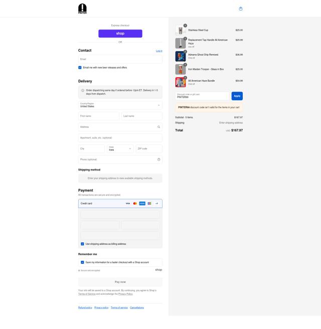 Pinter checkout page showing Pinter discount code box | Screenshot taken by SimplyCodes community member on Sep 4, 2025