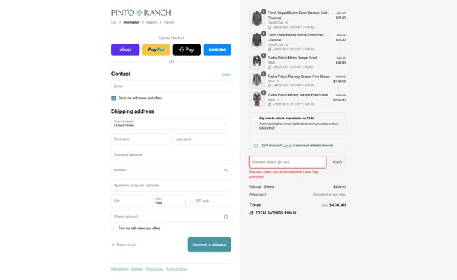 Pinto Ranch checkout page showing Pinto Ranch discount code box | Screenshot taken by SimplyCodes community member on Aug 31, 2025